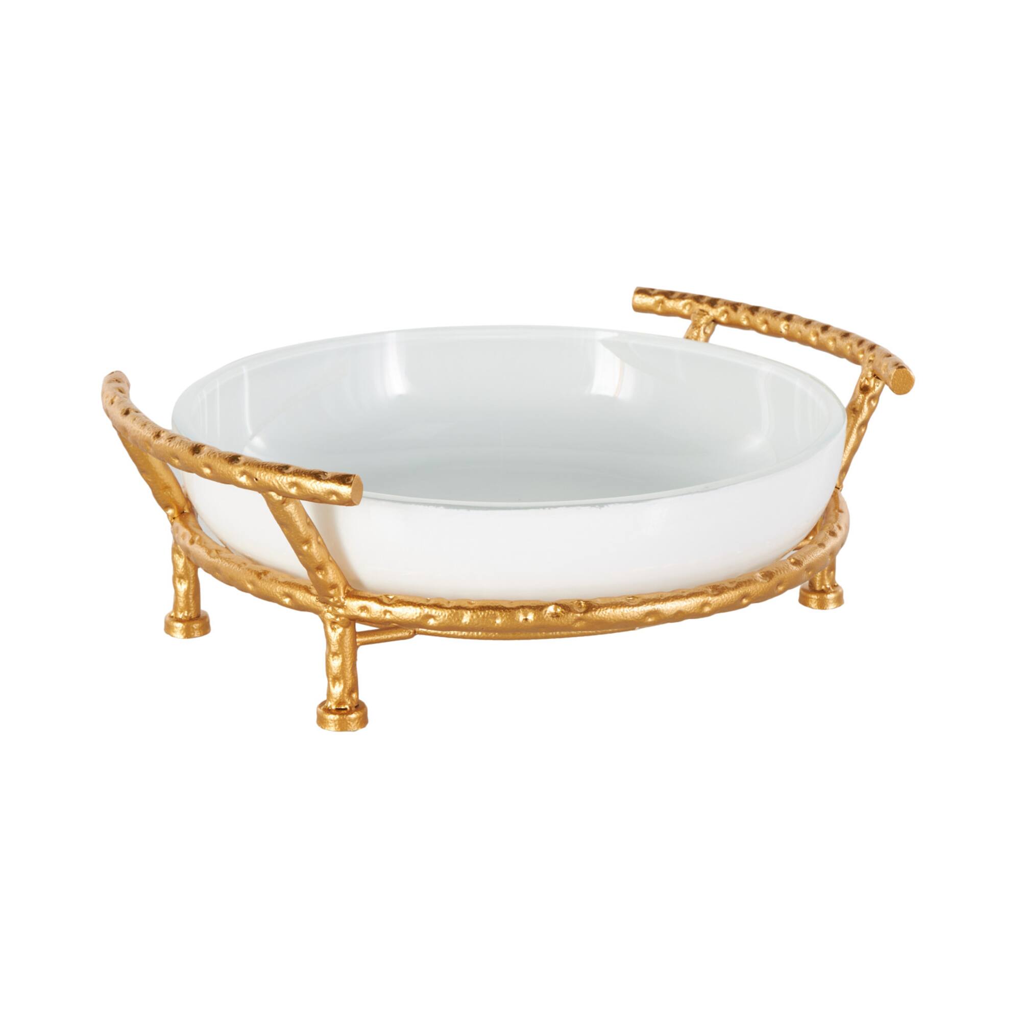 14.5" White Tempered Glass Kitchen Serving Bowl with Gold Metal Stand